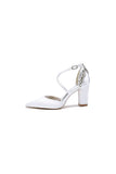 White Satin Pump with Cross Strap and Metal Accent