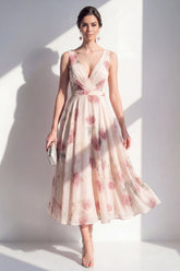 Blush Floral A Line V Neck Midi Wedding Guest Dress