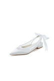 Satin Pointed Toe Mesh Low Heels With Bow
