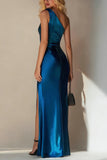 Simple Royal Blue One Shoulder Long Formal Dress with Slit