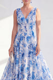 Blue A Line V Neck Floral Mother of the Bride Dress