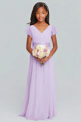 Lilac A Line V Neck Pleated Junior Bridesmaid Dress