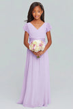 Lilac A Line V Neck Pleated Junior Bridesmaid Dress