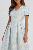 Blue White Floral A Line V Neck Wedding Guest Dress with Short Sleeves