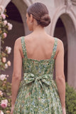 Sage Flower A Line Square Neck Wedding Guest Dress with Bow