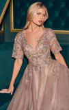 CLAUDIA GOWN SHORT SLEEVE A LINE GLITTER TULLE DRESS
