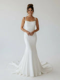 Simple Mermaid Scoop Neck Backless Satin Wedding Dresses