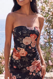Black Strapless Floral High Low Wedding Guest Dress