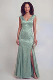 Sage Green Jacquard Mermaid V Neck Maxi Mother of the Bride Dress with Slit