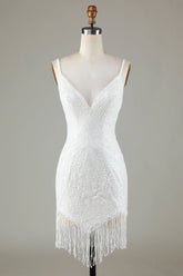 Sparkly White Bodycon Lace Up Back Beaded Short Homecoming Dress with Tassel