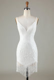 Sparkly White Bodycon Lace Up Back Beaded Short Homecoming Dress with Tassel