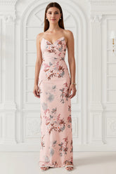 Blush Flower Sheath Strapless Print Satin Long Wedding Guest Dress with Back Slit