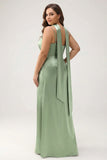 Sage Sheath Spaghetti Straps Streamer Long Satin Plus Size Bridesmaid Dress with Slit