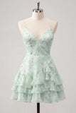 Floral Light Green Tiered Ruffle A Line Short Homecoming Dress