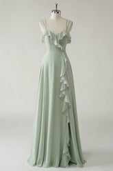 Dusty Sage A Line Spaghetti Straps Chiffon Long Bridesmaid Dress with Ruffle Slit
