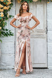 Blush Flower Mermaid Off The Shoulder Long Bridesmaid Dress with Slit