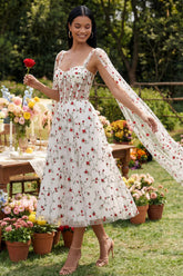 Ivory Floral Corset A Line Midi Wedding Guest Dress with Streamer