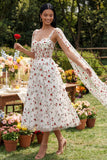 Ivory Floral Corset A Line Midi Wedding Guest Dress with Streamer
