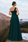 Dark Green One Shoulder Chiffon Pleated A Line Long Bridesmaid Dress