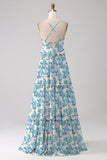 Blue Flower A Line Spaghetti Straps Backless Long Bridesmaid Dress With Ruffles