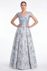 Blue Flower A Line V Neck Ruched Mother of the Bride Dress with Cap Sleeves