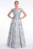 Blue Flower A Line V Neck Ruched Mother of the Bride Dress with Cap Sleeves