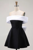 Black A Line Off The Shoulder Mini Homecoming Dress with Bow