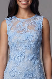 Blue Appliqued Illusion Neck Bodycon Mini Dress