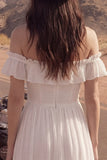 High Low Ivory Off the Shoulder Ruffled Wedding Dress