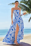 Blue A Line Spaghetti Straps Lace Up Back Long Print Floral Bridesmaid Dress with Slit