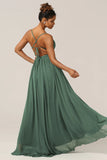 Eucalyptus A Line Spaghetti Straps Floor Length Chiffon Bridesmaid Dress with Slit