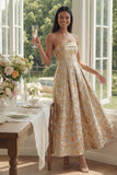 Strapless Gold Floral Jacquard A Line Midi Wedding Guest Dress