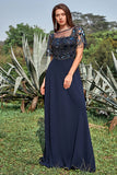 Navy Sheath Round Neck Appliques Sequin Floor Length Dress