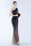 Glitter Black Bodycon Beaded Feather One Shoulder Evening Dress With Slit