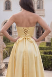 Strapless Yellow A Line Satin Midi Wedding Guest Dress