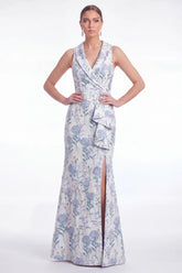 Mermaid Blue Floral Jacquard Shawl Lapel Mother of the Bride Dress with Slit