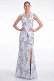 Mermaid Blue Floral Jacquard Shawl Lapel Mother of the Bride Dress with Slit