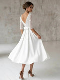 Satin V neck A Line Tea length Wedding Dress with Ruching and Sash