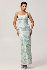 White Flower Sheath Spaghetti Straps Print Long Bridesmaid Dress with Back Slit