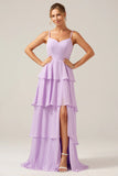 A Line Spaghetti Straps Tiered Floor Length Lilac Bridesmaid Dress With Slit