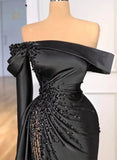 Sheath Off The Shoulder Long Sleeves Satin Sequined Prom Dresses