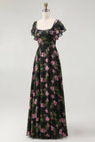 Black Pink Flower A Line Square Neck Printed Long Bridesmaid Dress with Flutter Sleeves