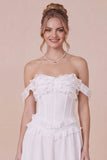 Off the Shoulder White Ruffled Corset Graduation Dress