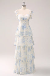 White Blue Floral A Line Off The Shoulder Tiered Print Bridesmaid Dress