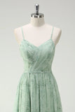 Dusty Sage A Line Spaghetti Straps Print Floral Long Bridesmaid Dress with Slit