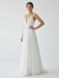 A Line V Neck Straps Spaghetti Sheath Chiffon Wedding Dress