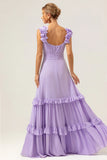 A Line V Neck Ruched Chiffon Long Lilac Bridesmaid Dress with Ruffles