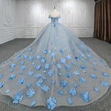 Quinceanera Blue Off the Shoulder Ball Gown Flower Dress