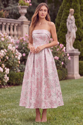 Strapless Pink Floral A Line Jacquard Midi Wedding Guest Dress