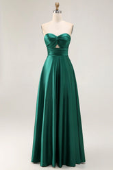 Dark Green A Line Strapless Satin Long Bridesmaid Dress with Lace Up Back